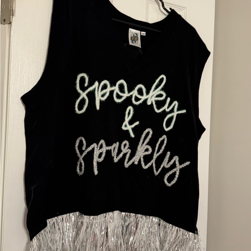 QUEEN OF SPARKLES Black Tank Top with Silver Fringe